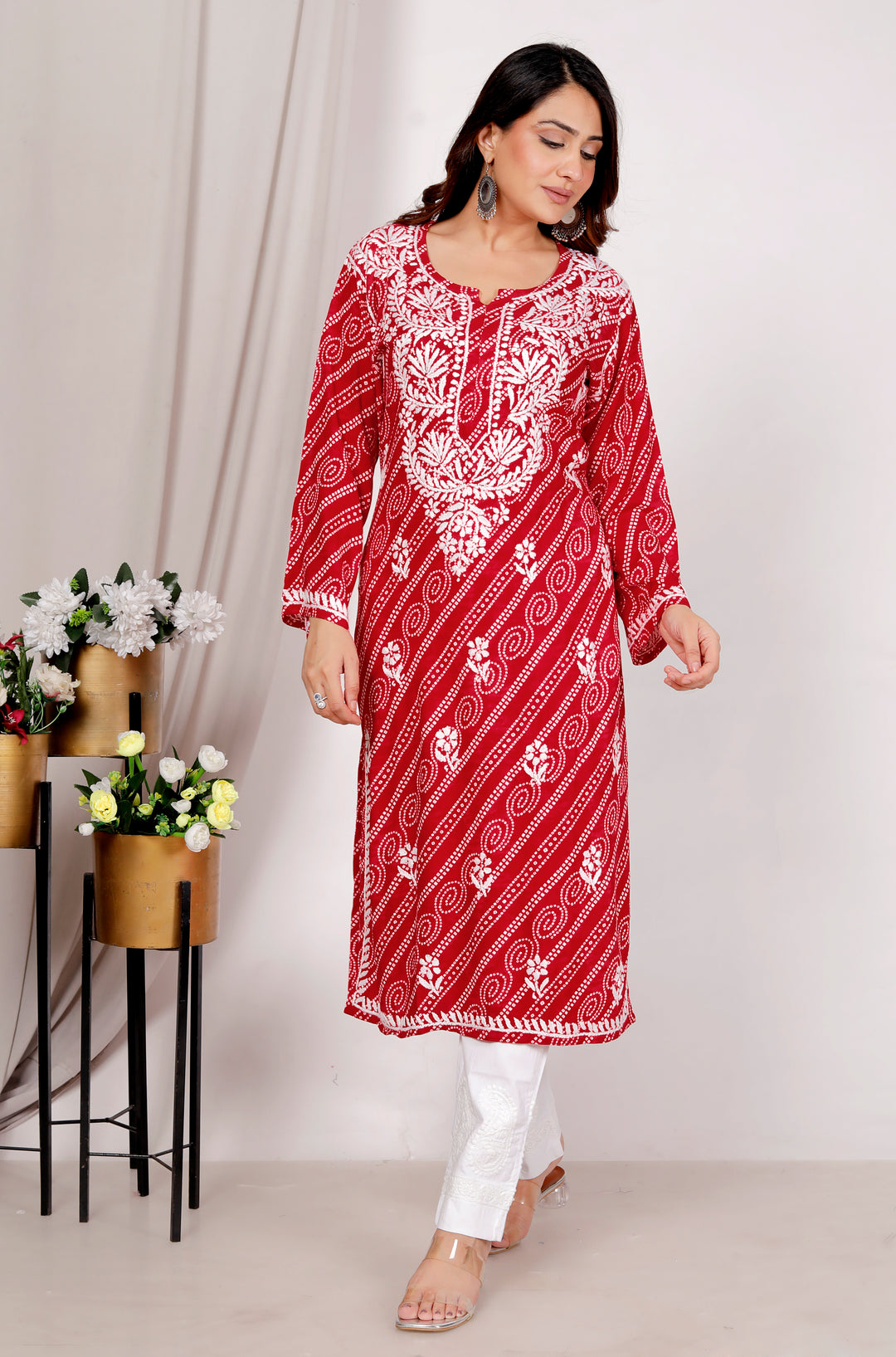 Ariana RAYON CHIKANKARI CHUNRI PRINT LONG KURTI