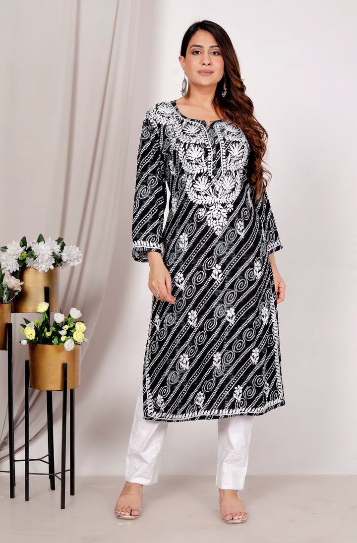 ARIANA RAYON CHIKANKARI CHUNRI PRINT LONG KURTI
