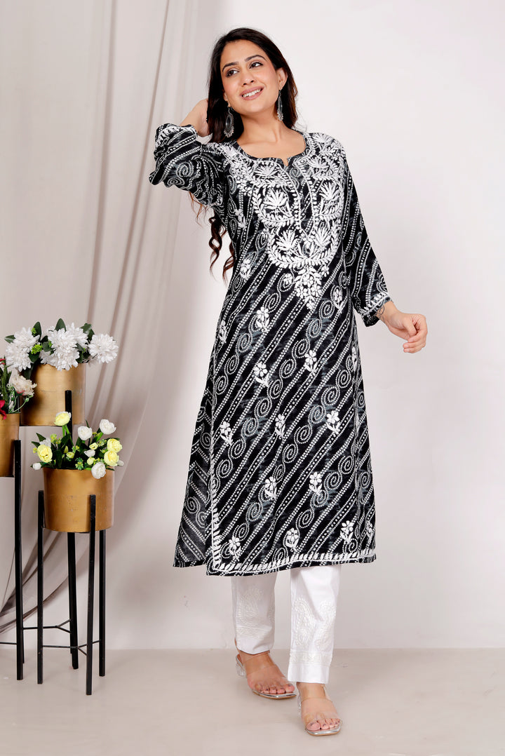 ARIANA RAYON CHIKANKARI CHUNRI PRINT LONG KURTI