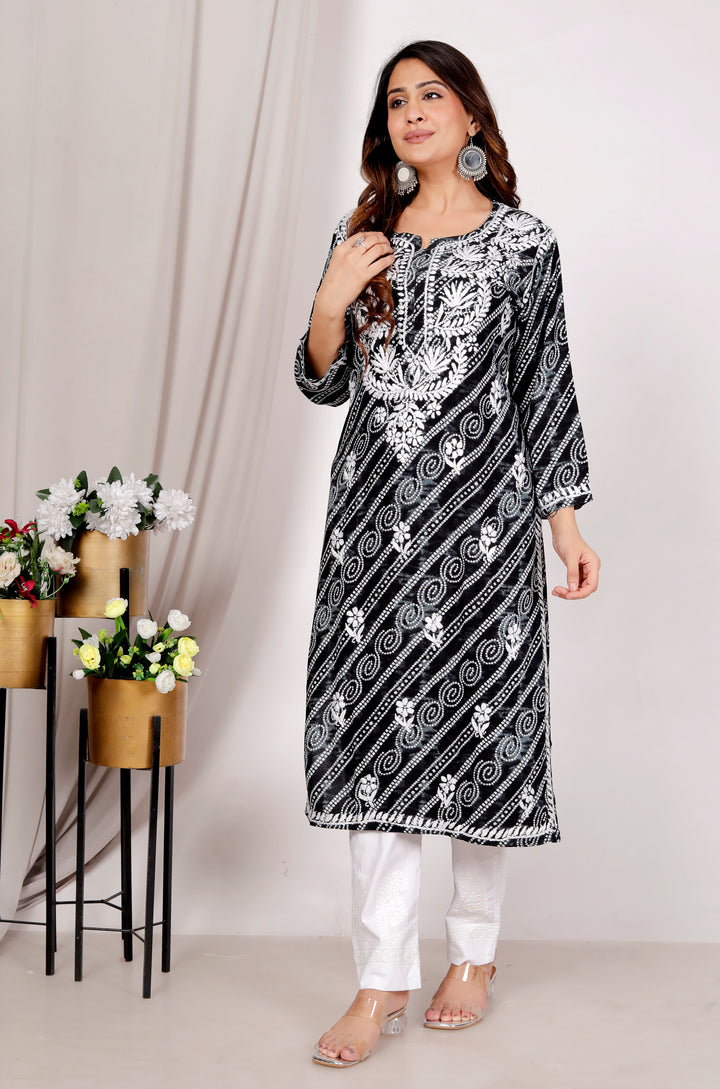ARIANA RAYON CHIKANKARI CHUNRI PRINT LONG KURTI