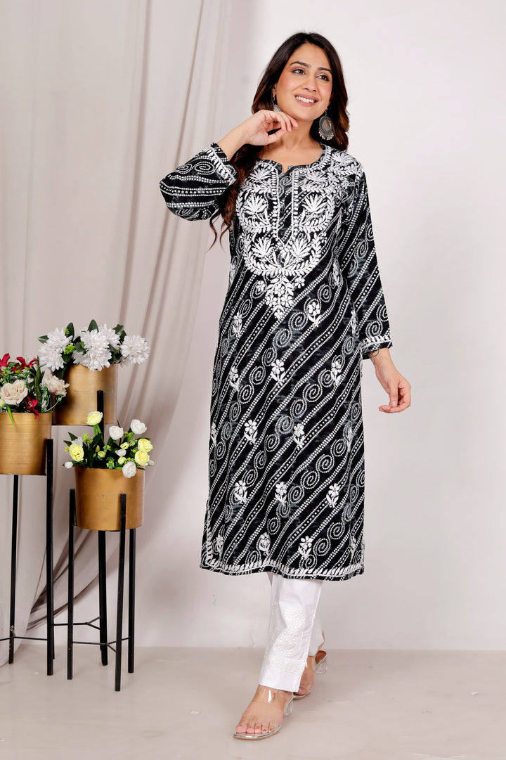 ARIANA RAYON CHIKANKARI CHUNRI PRINT LONG KURTI