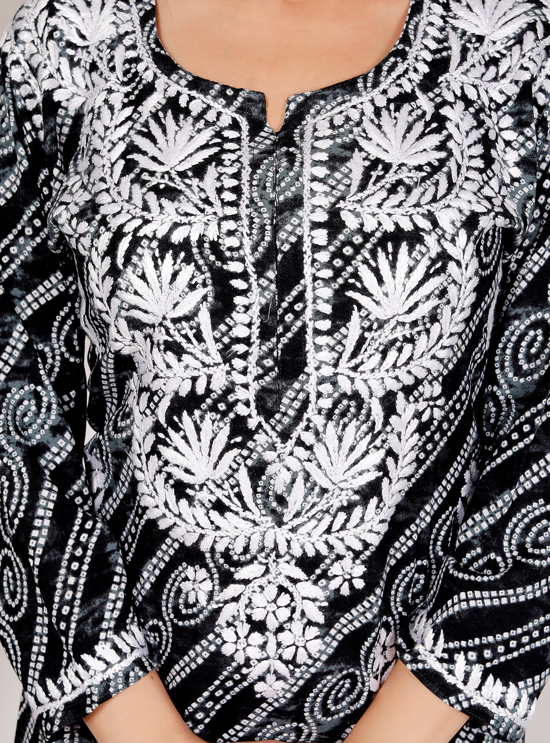 ARIANA RAYON CHIKANKARI CHUNRI PRINT LONG KURTI