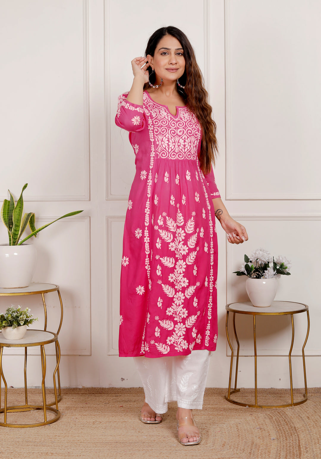 CLAUDIA COTTON CHIKANKARI NYRA LONG KURTI