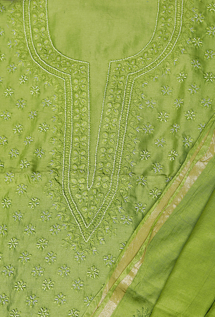 Chanderi Green Unstitched Kurta Dupatta Set