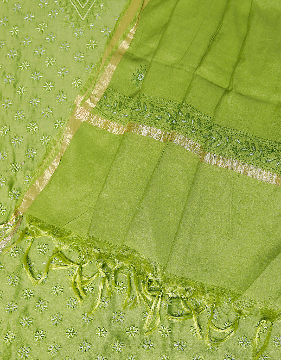 Chanderi Green Unstitched Kurta Dupatta Set