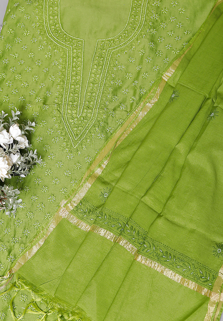 Chanderi Green Unstitched Kurta Dupatta Set