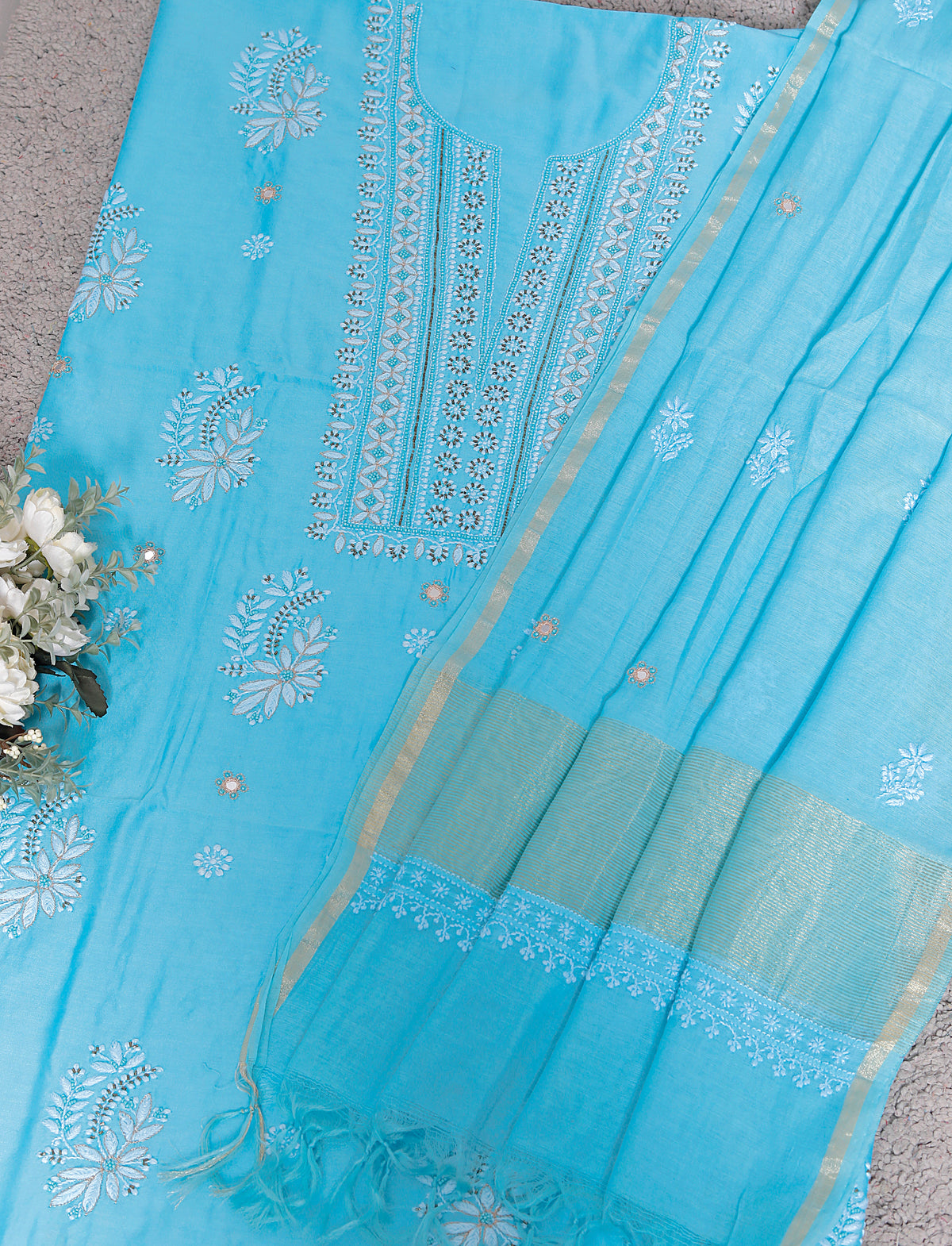 Chanderi Chikankari Unstitched Kurta Dupatta Set