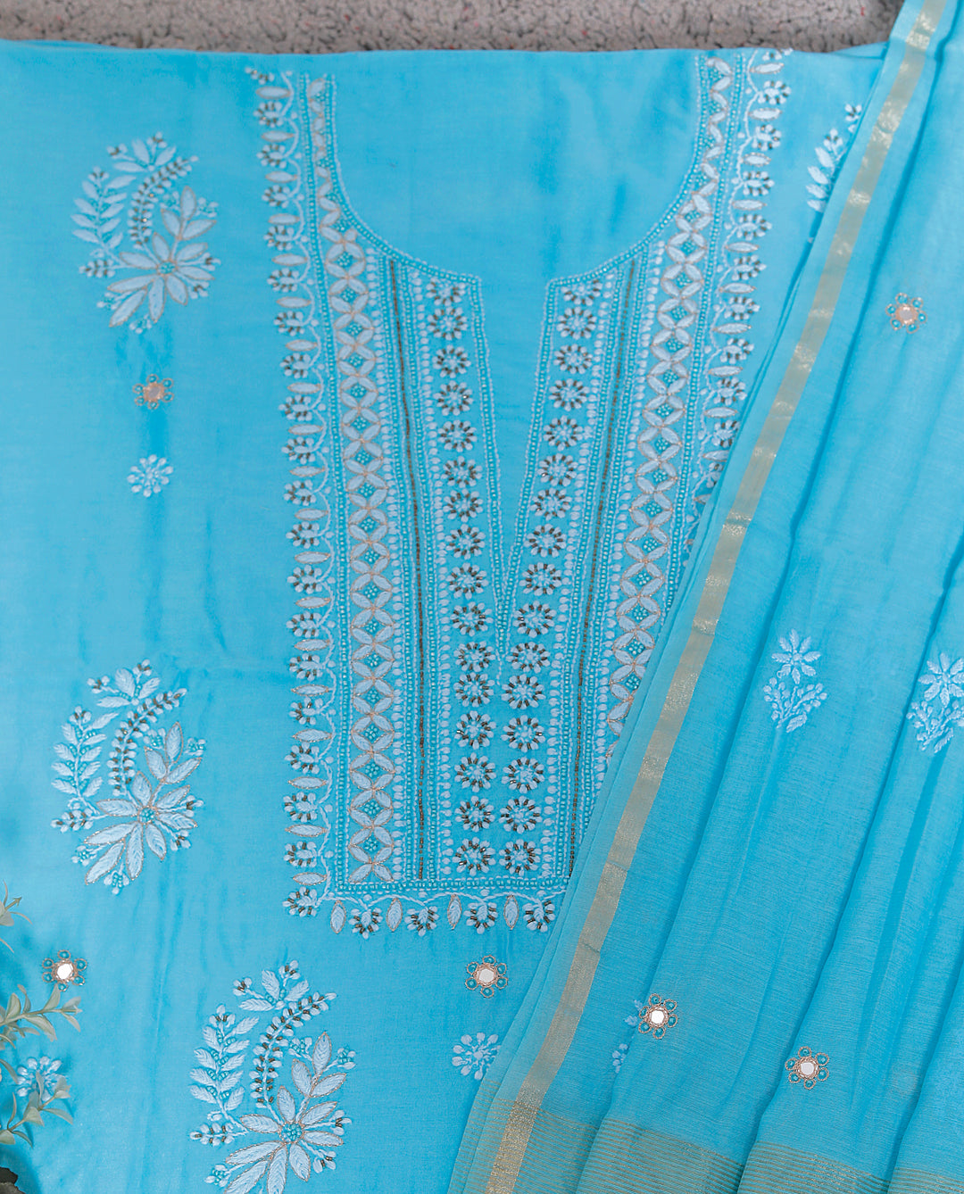Chanderi Chikankari Unstitched Kurta Dupatta Set