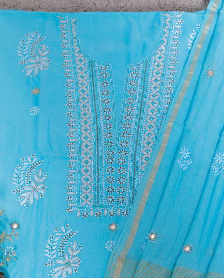 Chanderi Chikankari Unstitched Kurta Dupatta Set