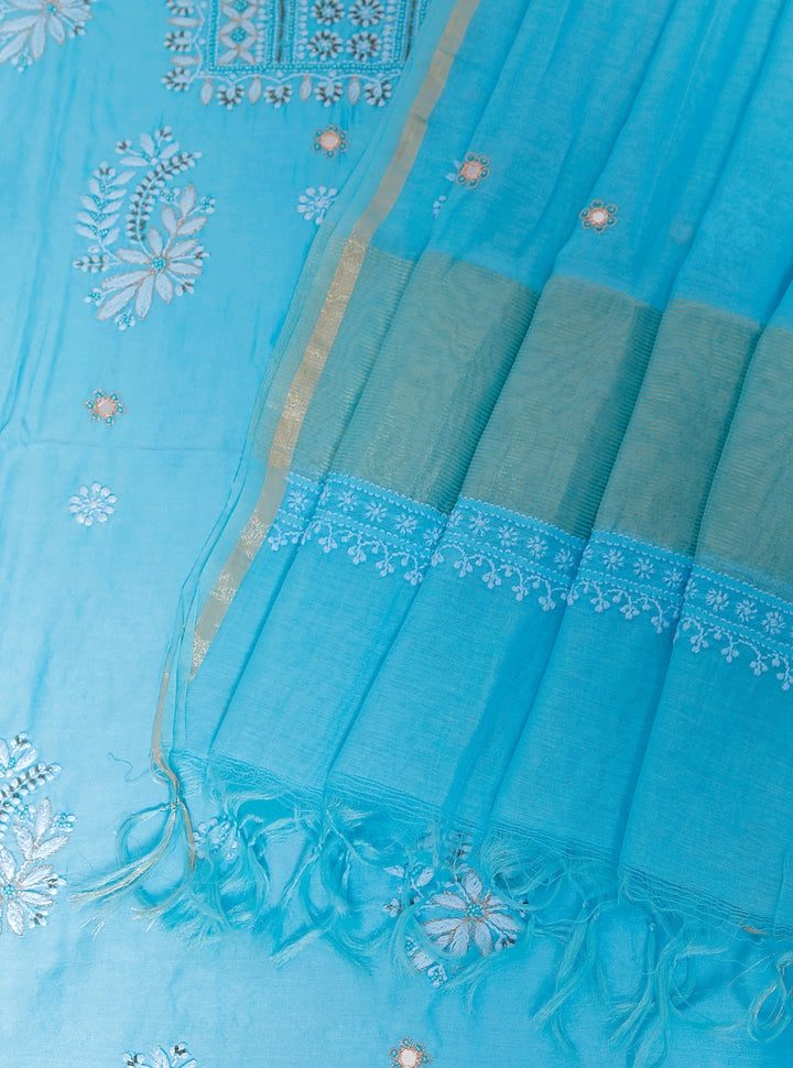 Chanderi Chikankari Unstitched Kurta Dupatta Set