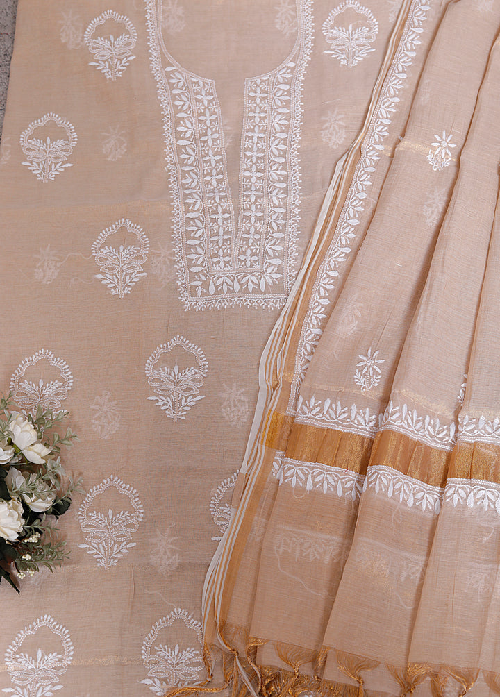 Tissue chanderi Chikankari Unstitched Kurta Dupatta set