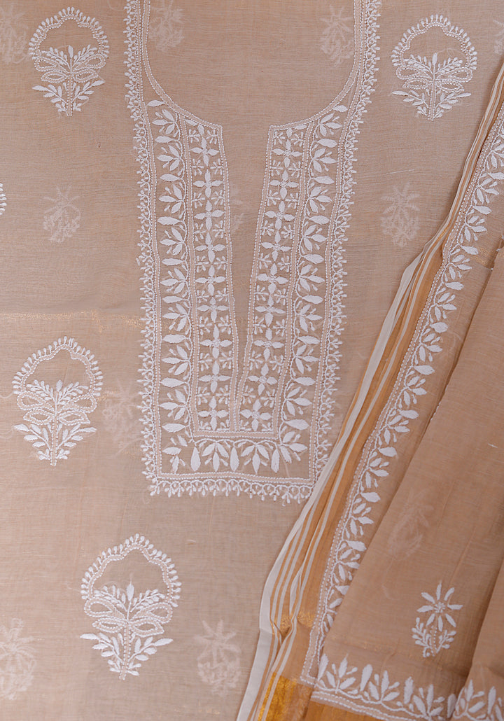 Tissue chanderi Chikankari Unstitched Kurta Dupatta set