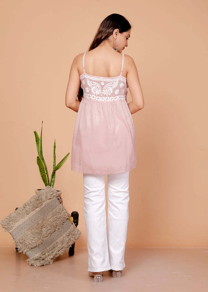 Saiyyara  Mul Cotton Chikankari Spaghetti Short Kurti Pink