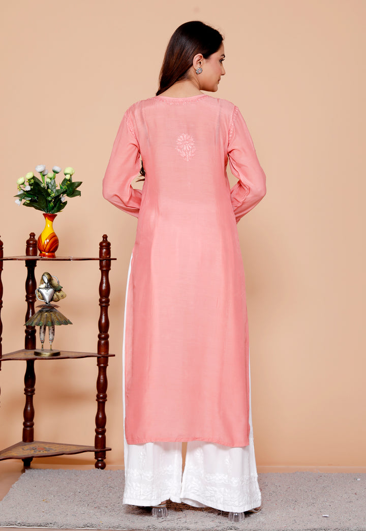 Naisha Muslin Chikankari Long Kurti-Peach