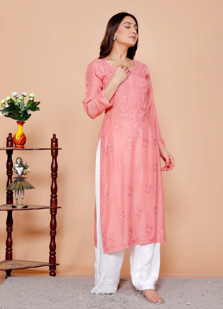 Naisha Muslin Chikankari Long Kurti-Peach