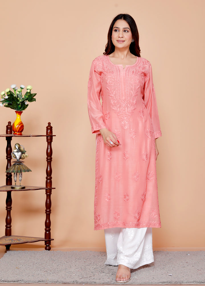 Naisha Muslin Chikankari Long Kurti-Peach