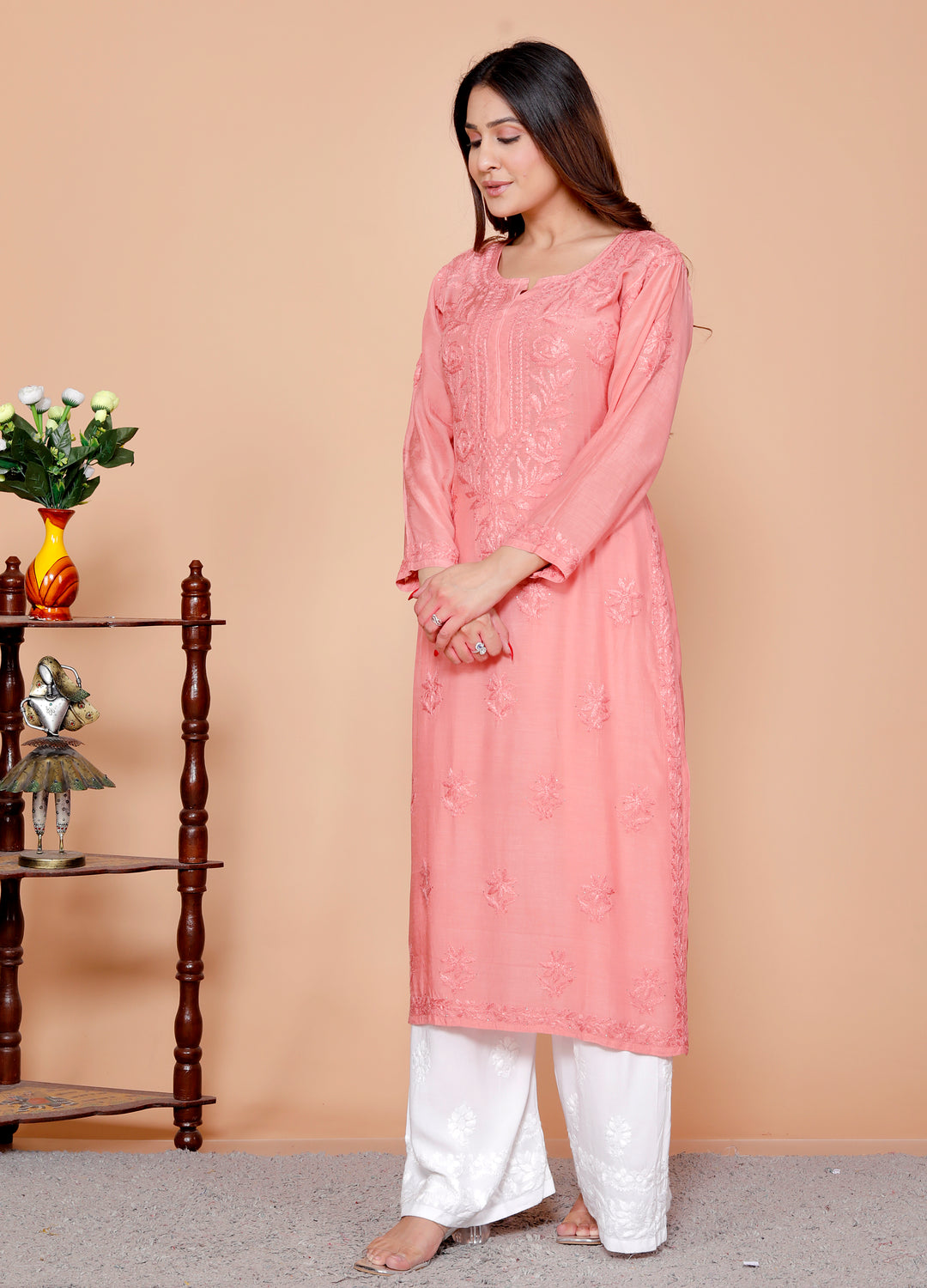 Naisha Muslin Chikankari Long Kurti-Peach