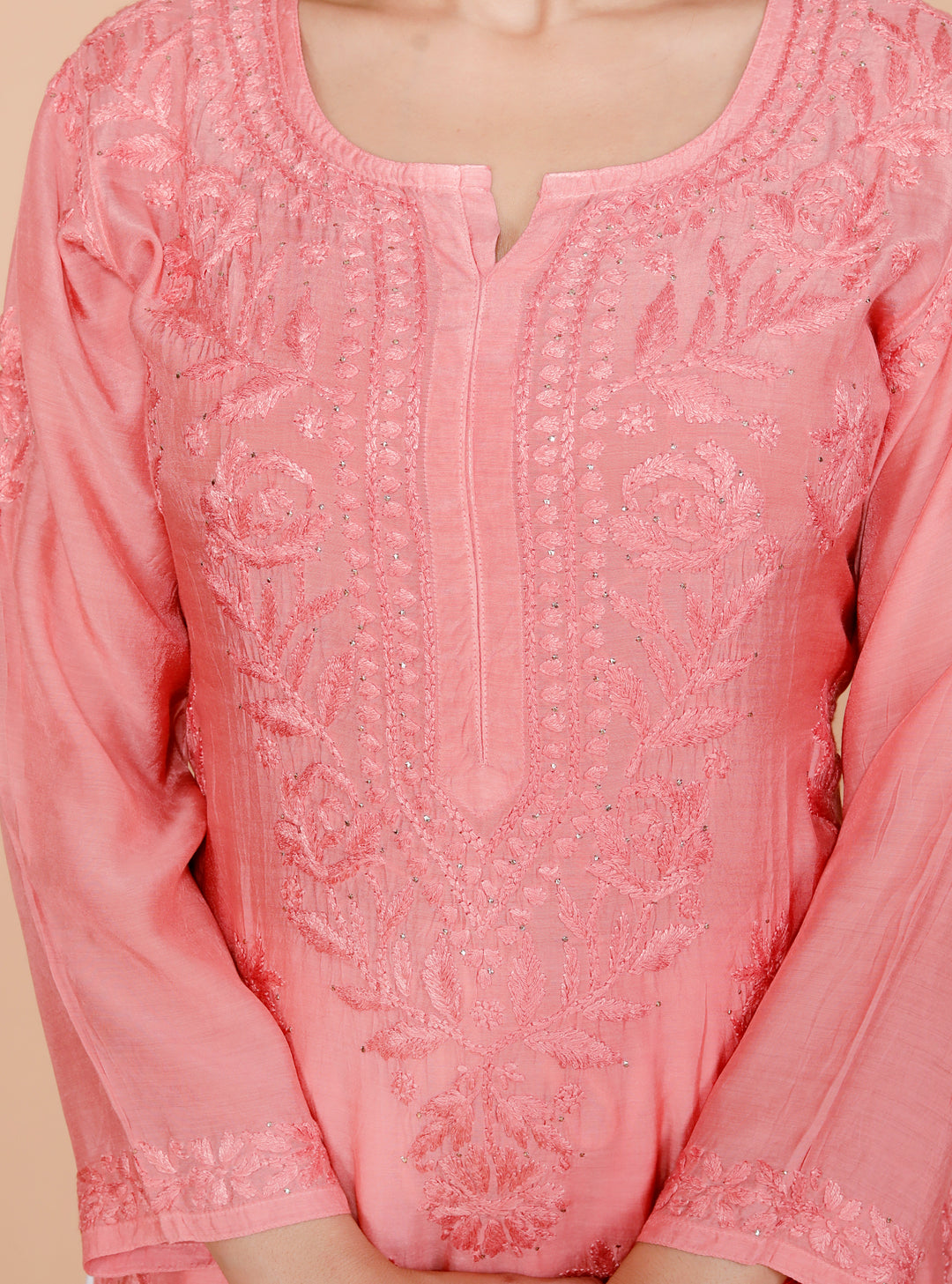 Naisha Muslin Chikankari Long Kurti-Peach