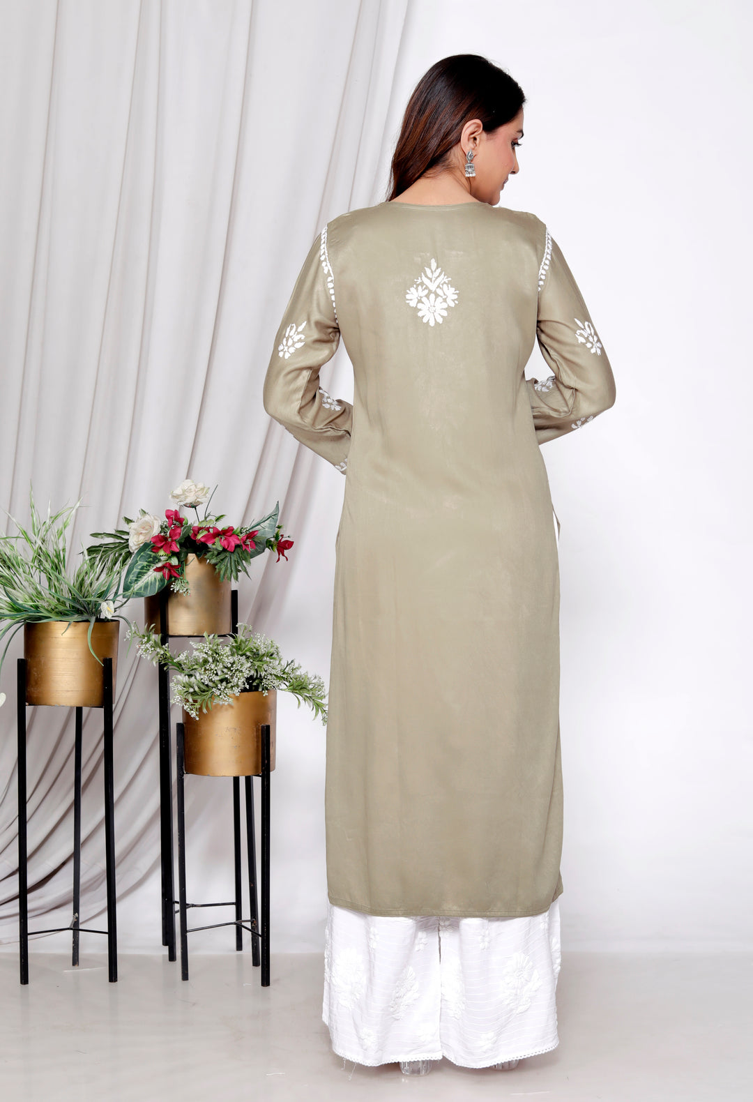 TABASSUM COTTON SILK CHIKANKARI LONG KURTI -MEHENDI GRN