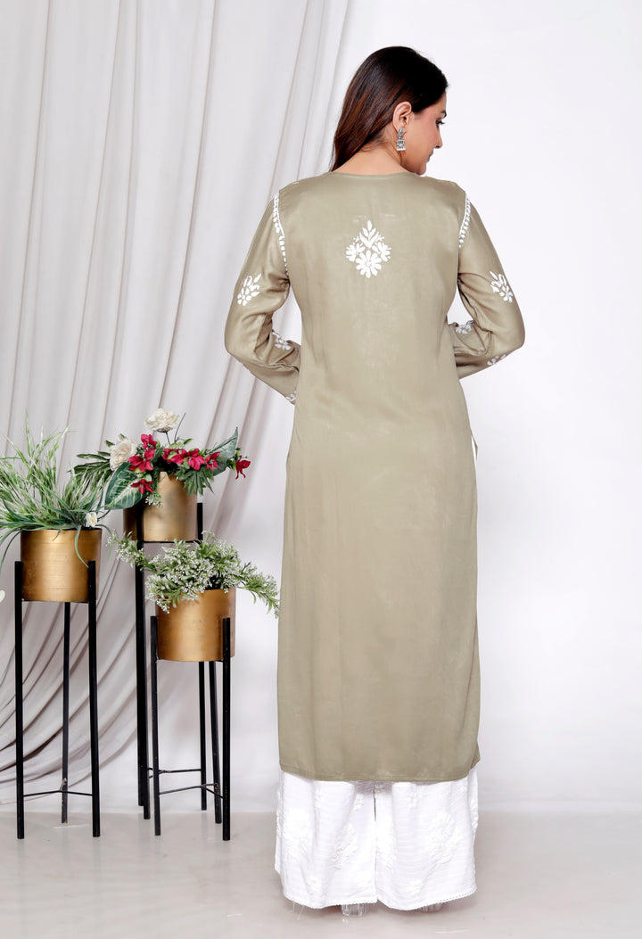 TABASSUM COTTON SILK CHIKANKARI LONG KURTI -MEHENDI GRN