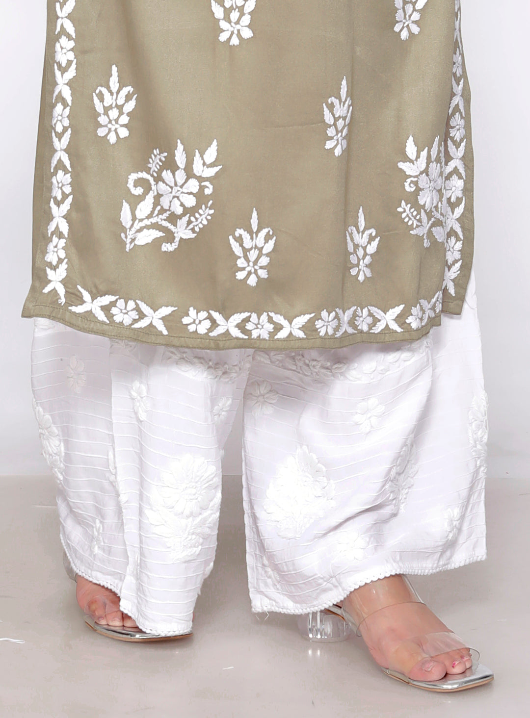 TABASSUM COTTON SILK CHIKANKARI LONG KURTI -MEHENDI GRN