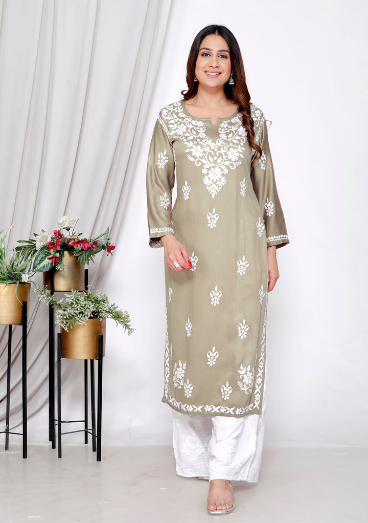 TABASSUM COTTON SILK CHIKANKARI LONG KURTI -MEHENDI GRN