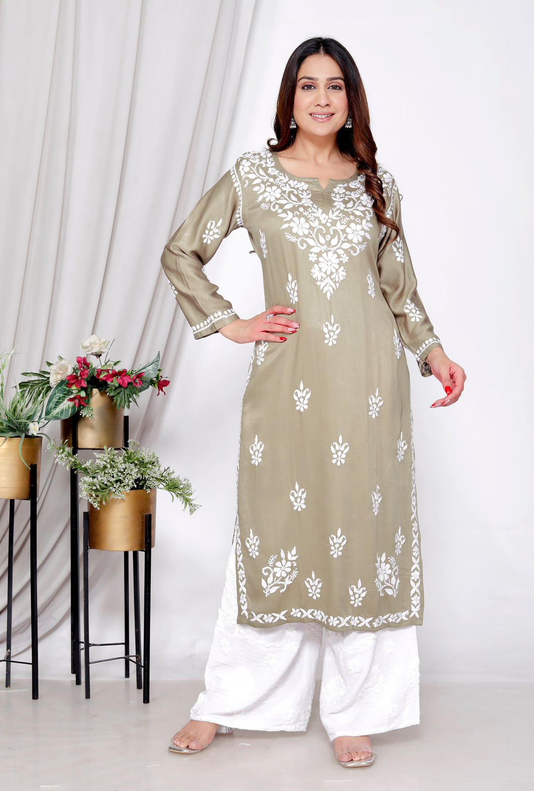 TABASSUM COTTON SILK CHIKANKARI LONG KURTI -MEHENDI GRN