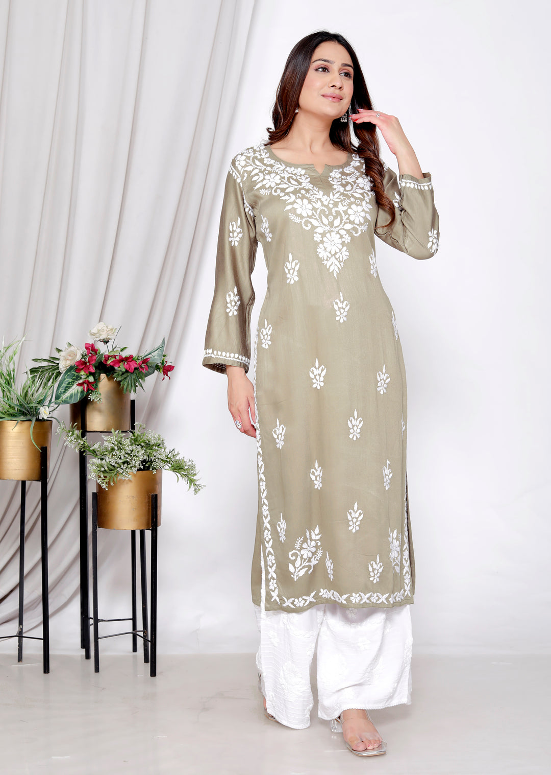 TABASSUM COTTON SILK CHIKANKARI LONG KURTI -MEHENDI GRN