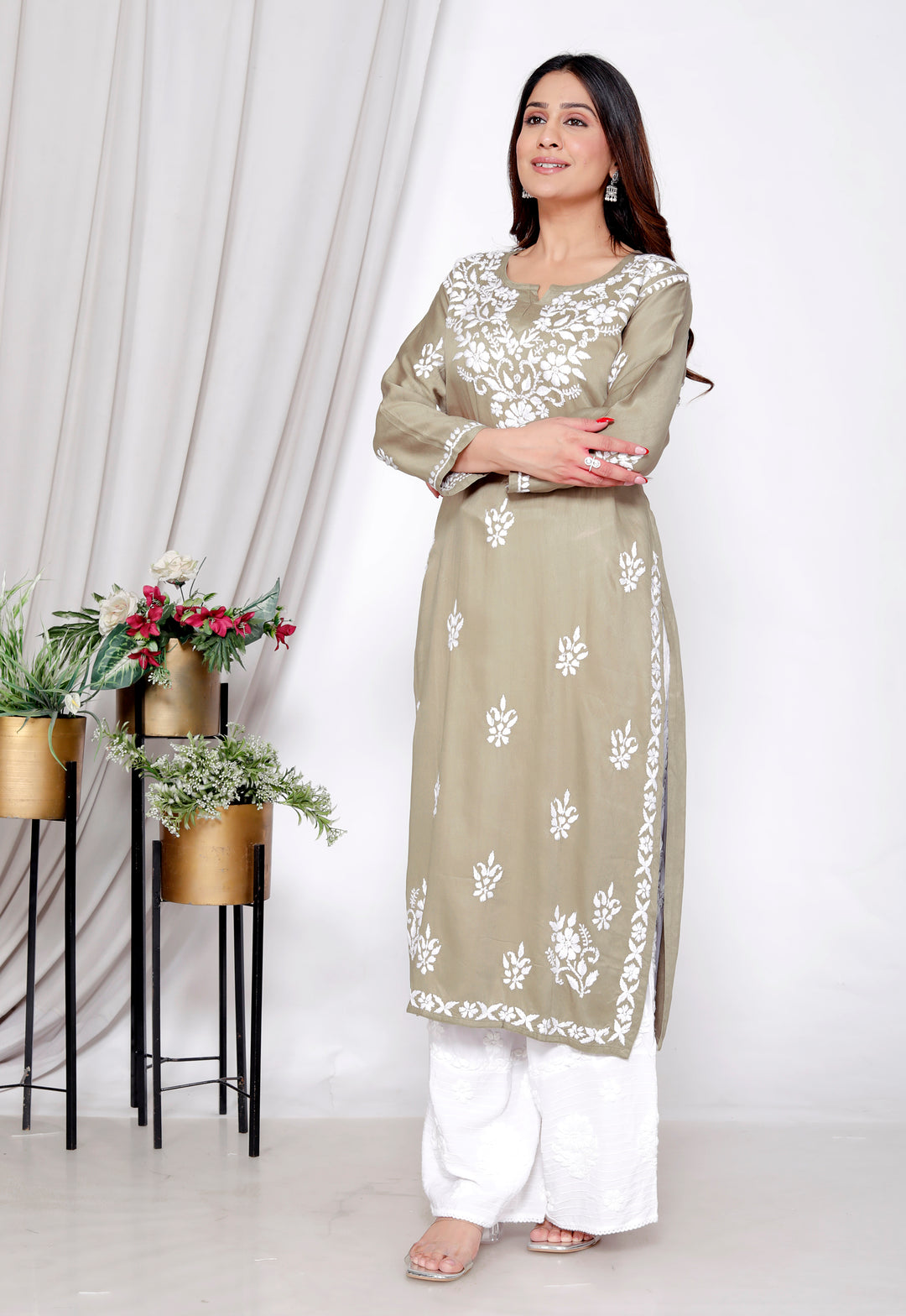 TABASSUM COTTON SILK CHIKANKARI LONG KURTI -MEHENDI GRN