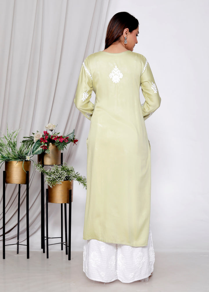 TABASSUM COTTON SILK CHIKANKARI LONG KURTI-LIGHT GRN