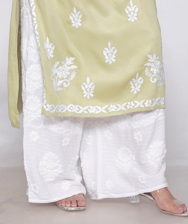 TABASSUM COTTON SILK CHIKANKARI LONG KURTI-LIGHT GRN