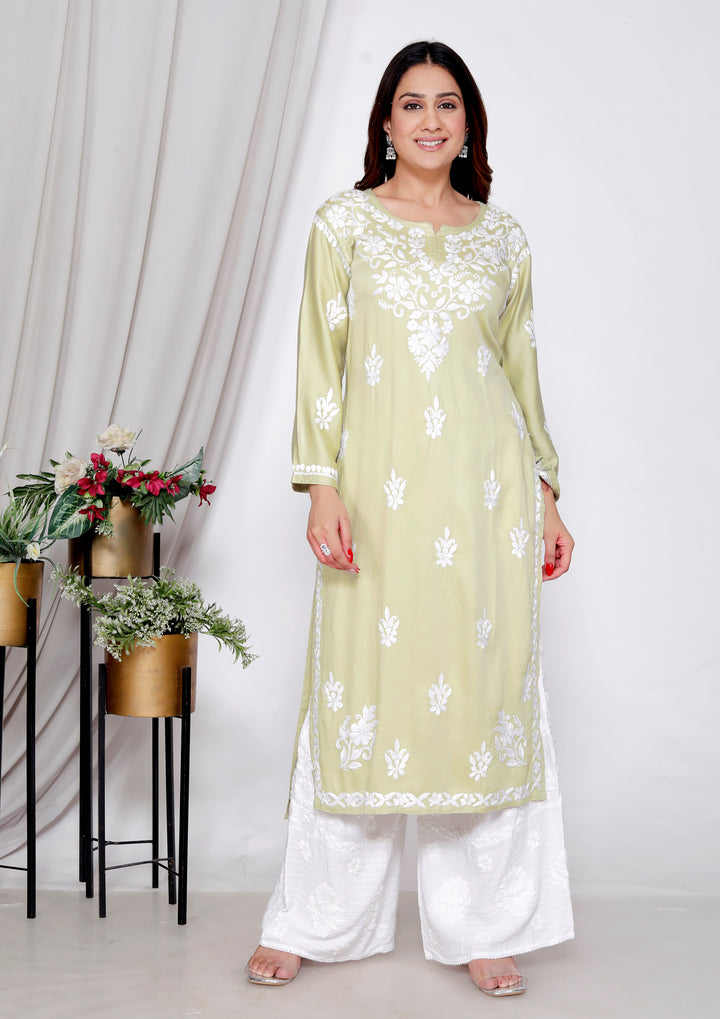 TABASSUM COTTON SILK CHIKANKARI LONG KURTI-LIGHT GRN