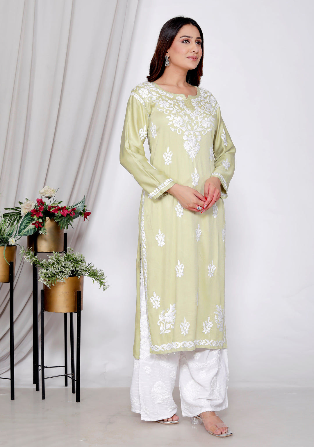 TABASSUM COTTON SILK CHIKANKARI LONG KURTI-LIGHT GRN
