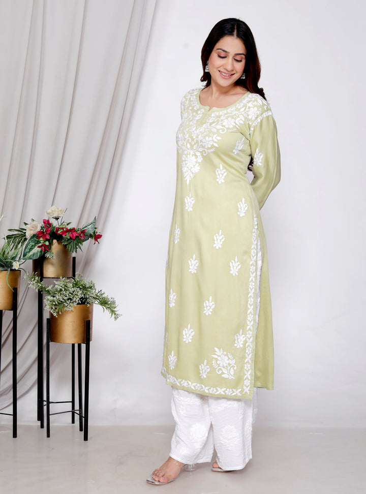 TABASSUM COTTON SILK CHIKANKARI LONG KURTI-LIGHT GRN