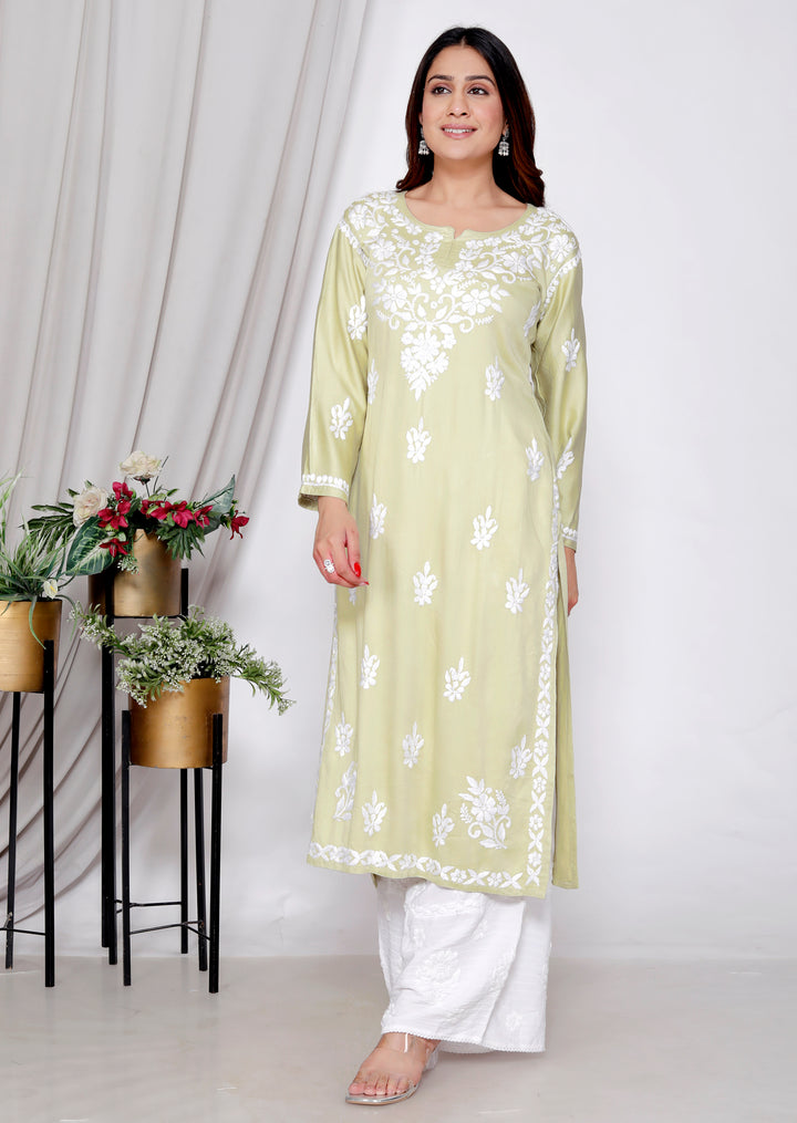 TABASSUM COTTON SILK CHIKANKARI LONG KURTI-LIGHT GRN