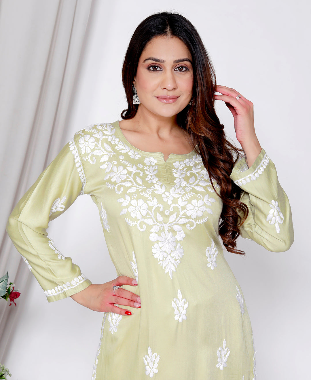TABASSUM COTTON SILK CHIKANKARI LONG KURTI-LIGHT GRN