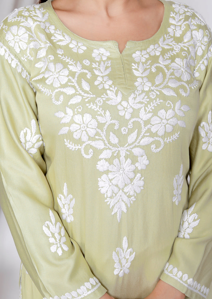 TABASSUM COTTON SILK CHIKANKARI LONG KURTI-LIGHT GRN