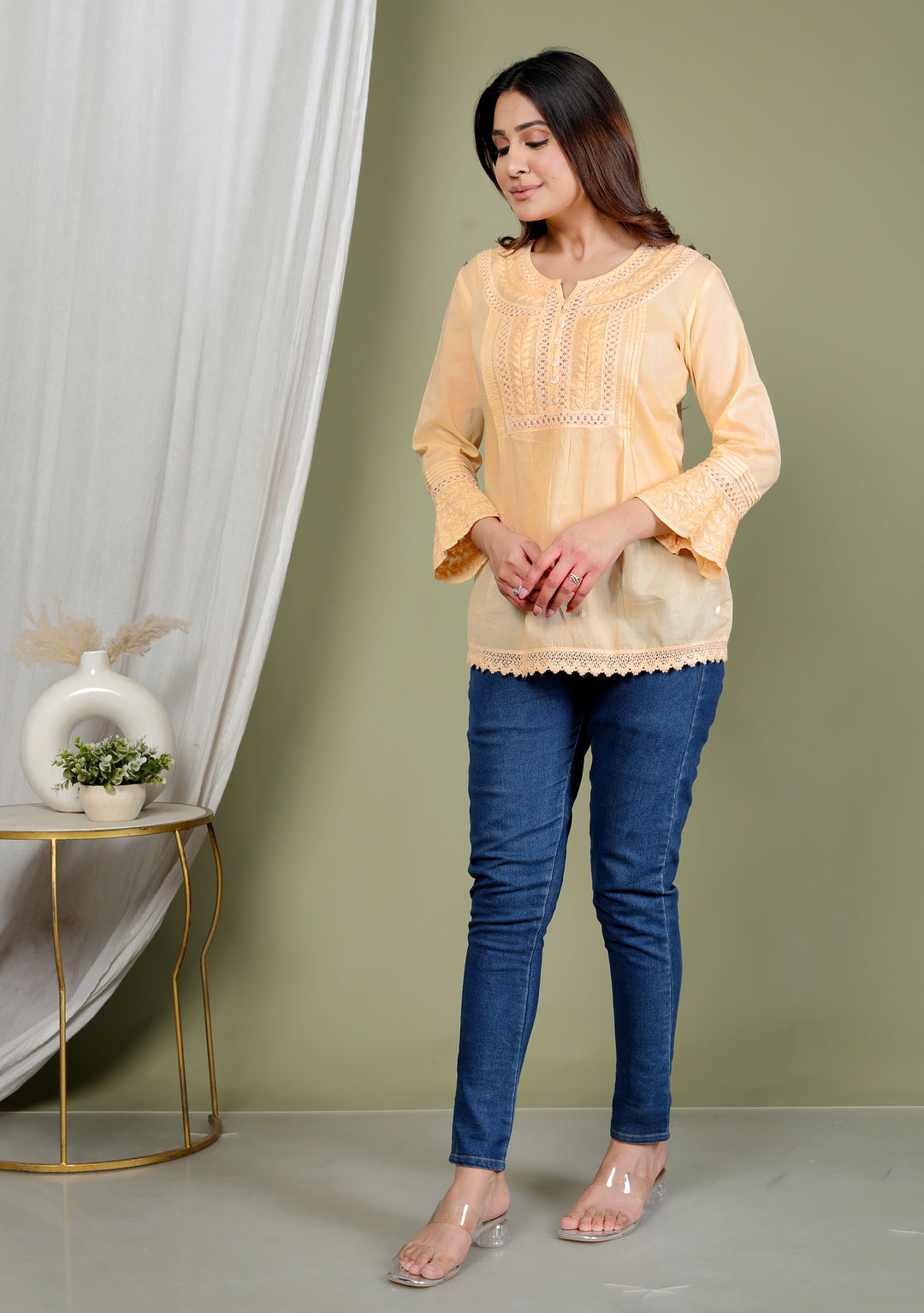 NORA COTTON CHIKANKARI SHORT TOP