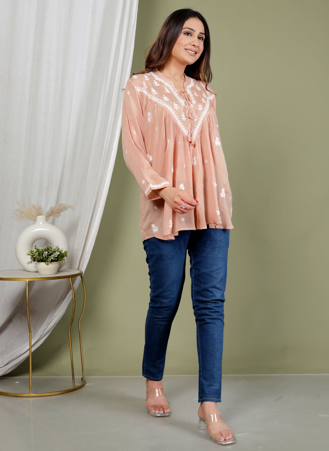 AREESHA CREPE CHIKANKARI SHORT TOP