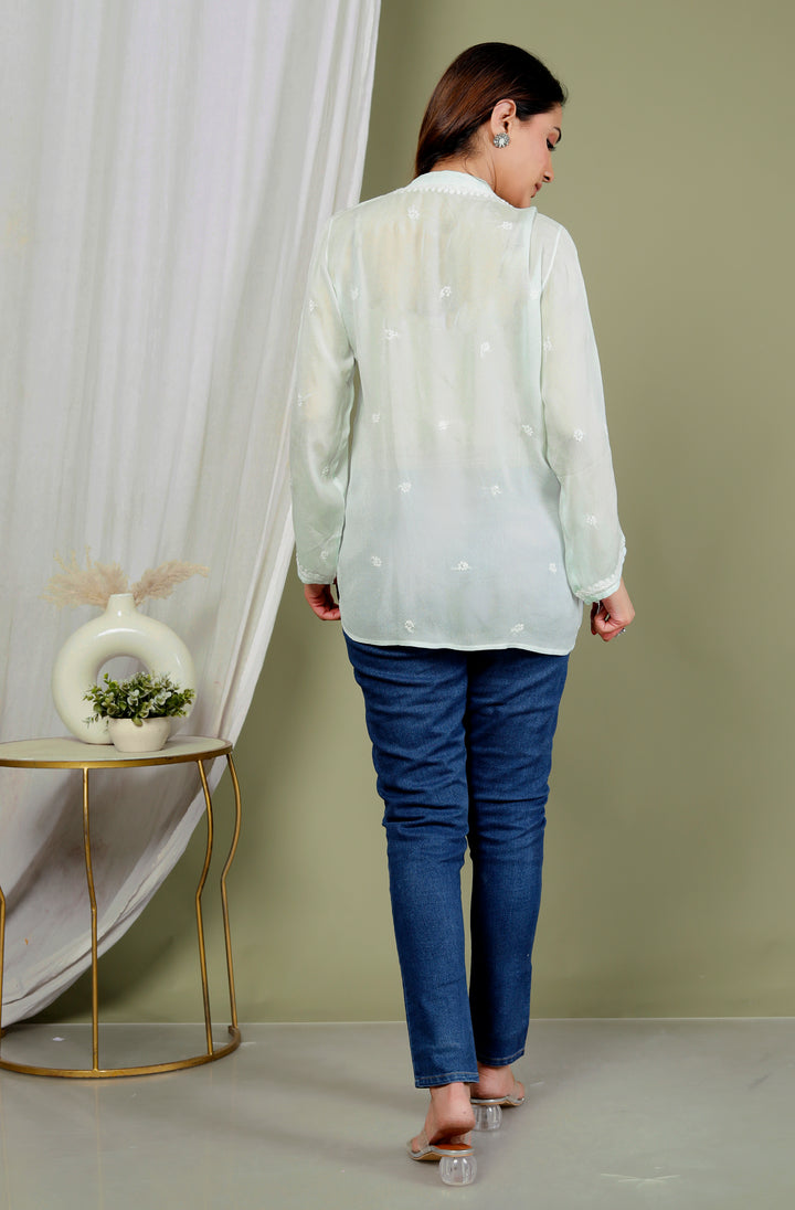 AREESHA CREPE GREEN CHIKANKARI SHORT TOP