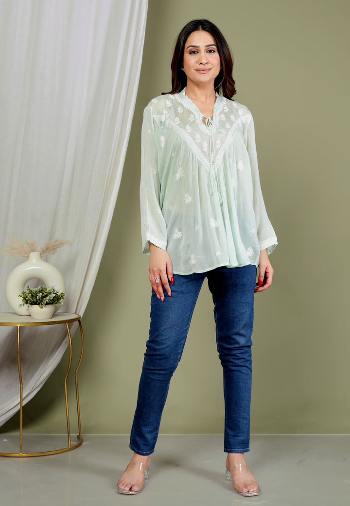 AREESHA CREPE GREEN CHIKANKARI SHORT TOP