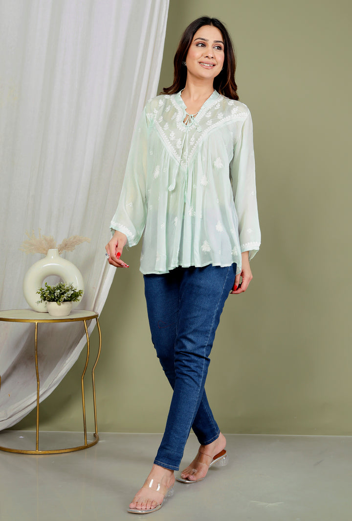 AREESHA CREPE GREEN CHIKANKARI SHORT TOP