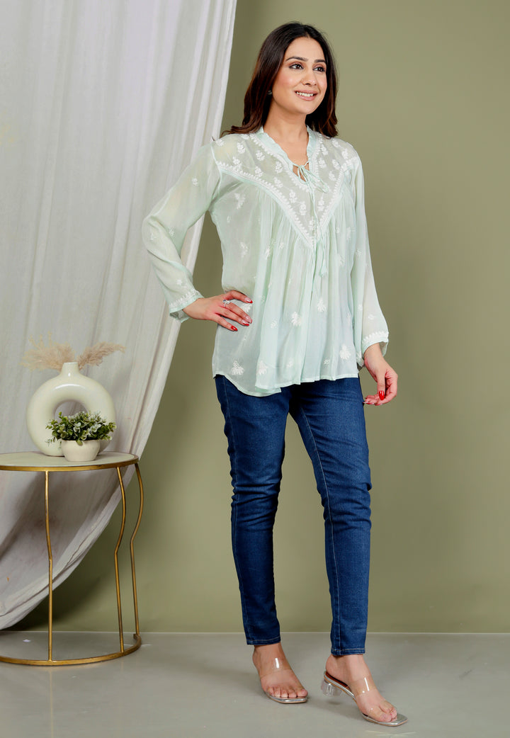 AREESHA CREPE GREEN CHIKANKARI SHORT TOP
