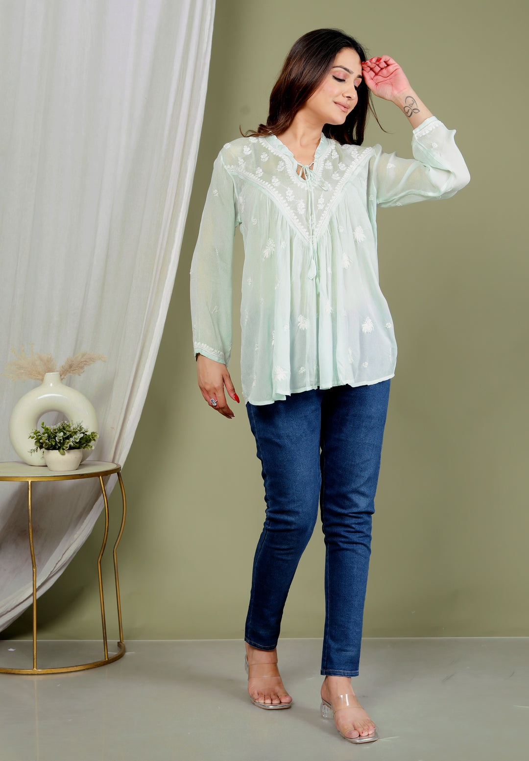 AREESHA CREPE GREEN CHIKANKARI SHORT TOP