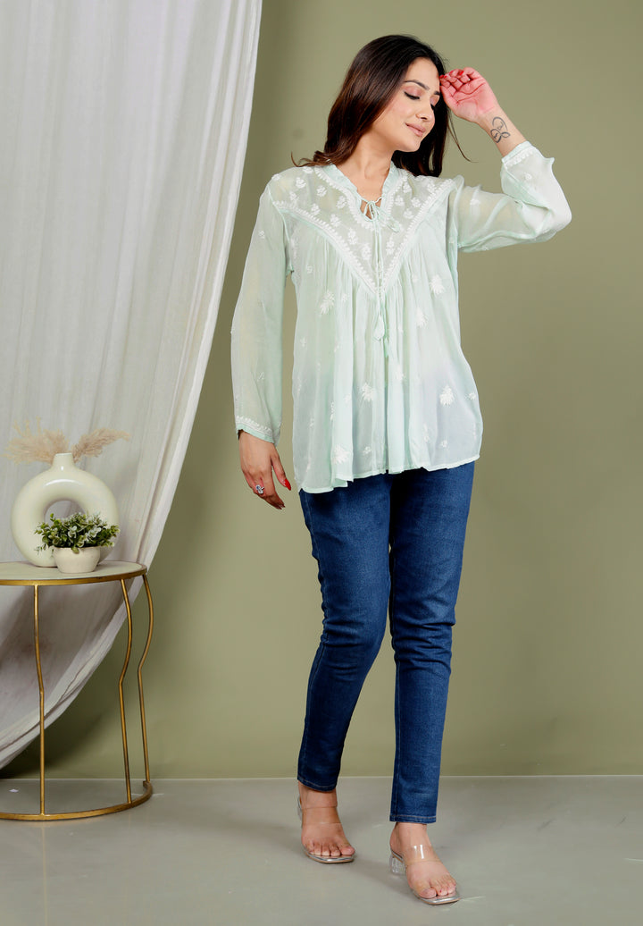 AREESHA CREPE GREEN CHIKANKARI SHORT TOP