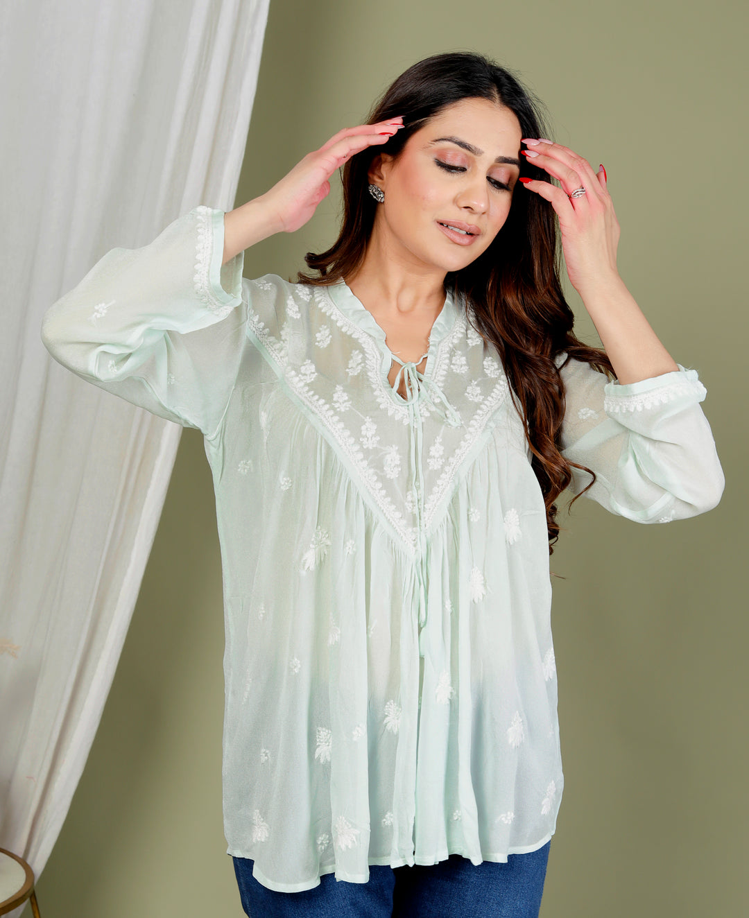 AREESHA CREPE GREEN CHIKANKARI SHORT TOP
