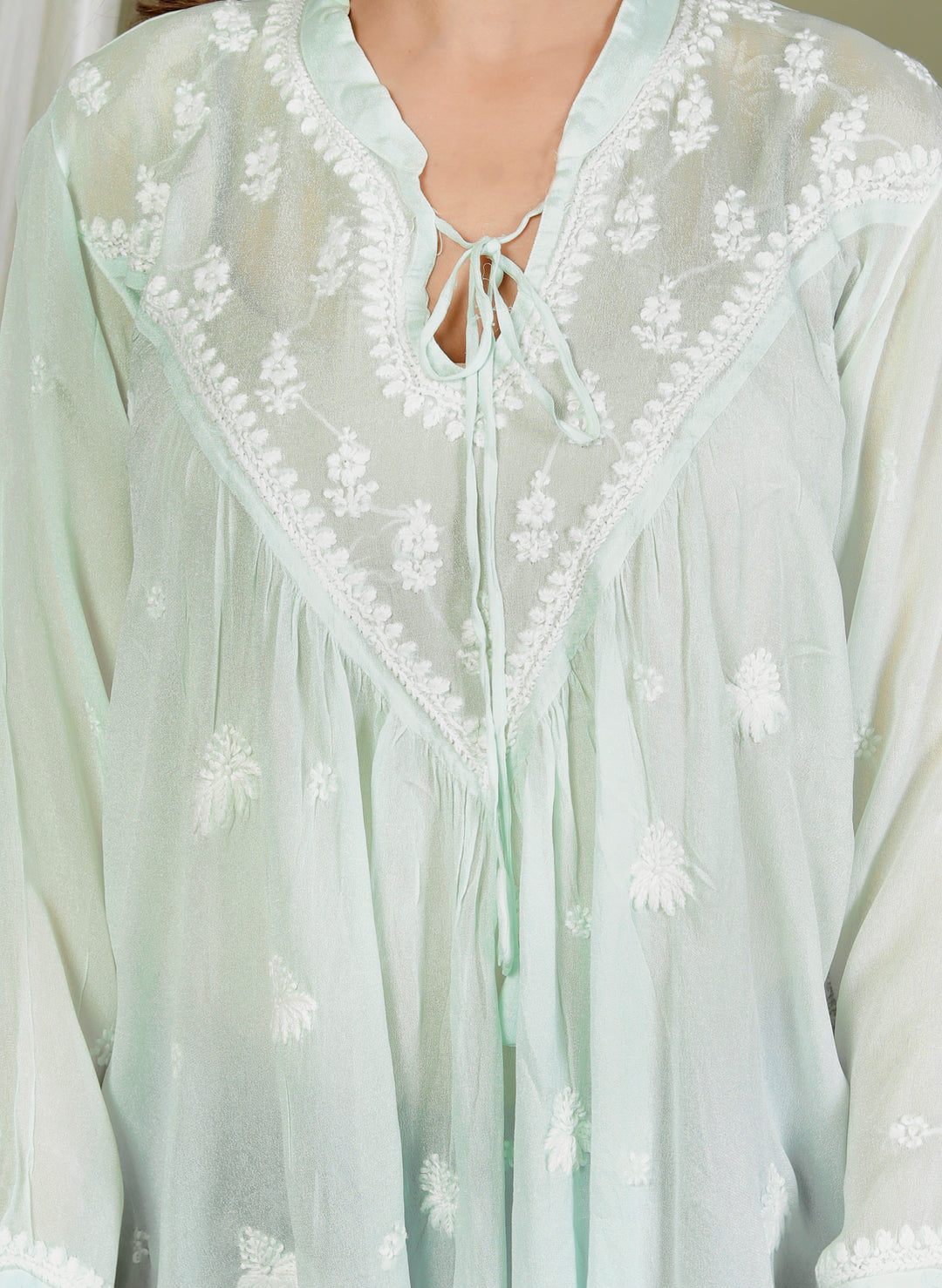 AREESHA CREPE GREEN CHIKANKARI SHORT TOP