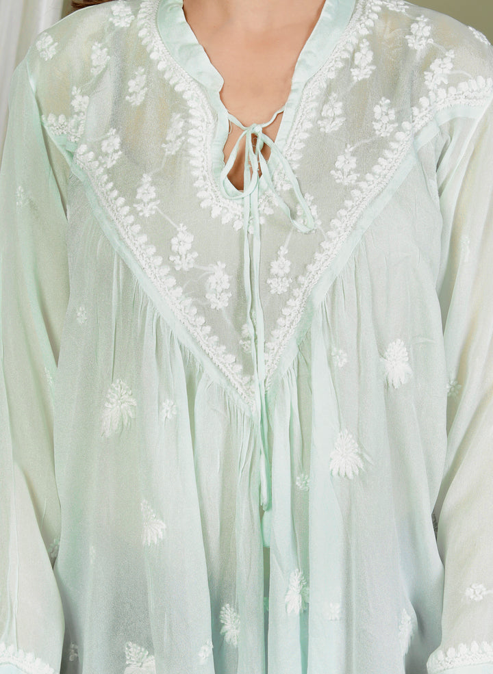 AREESHA CREPE GREEN CHIKANKARI SHORT TOP