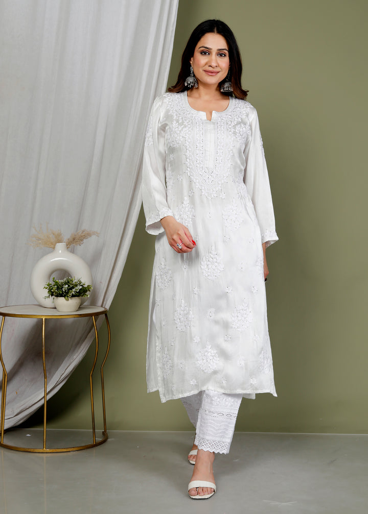 Shabana White Muslin Chikankari Long Kurti