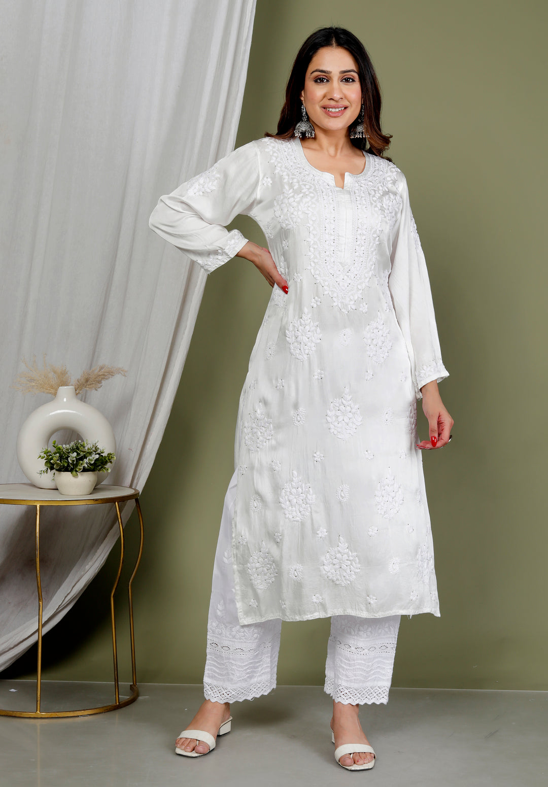 Shabana White Muslin Chikankari Long Kurti
